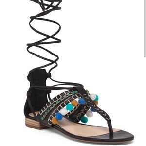 Vince Camuto Balisa Black Lace-Up Sandals with Pom Poms